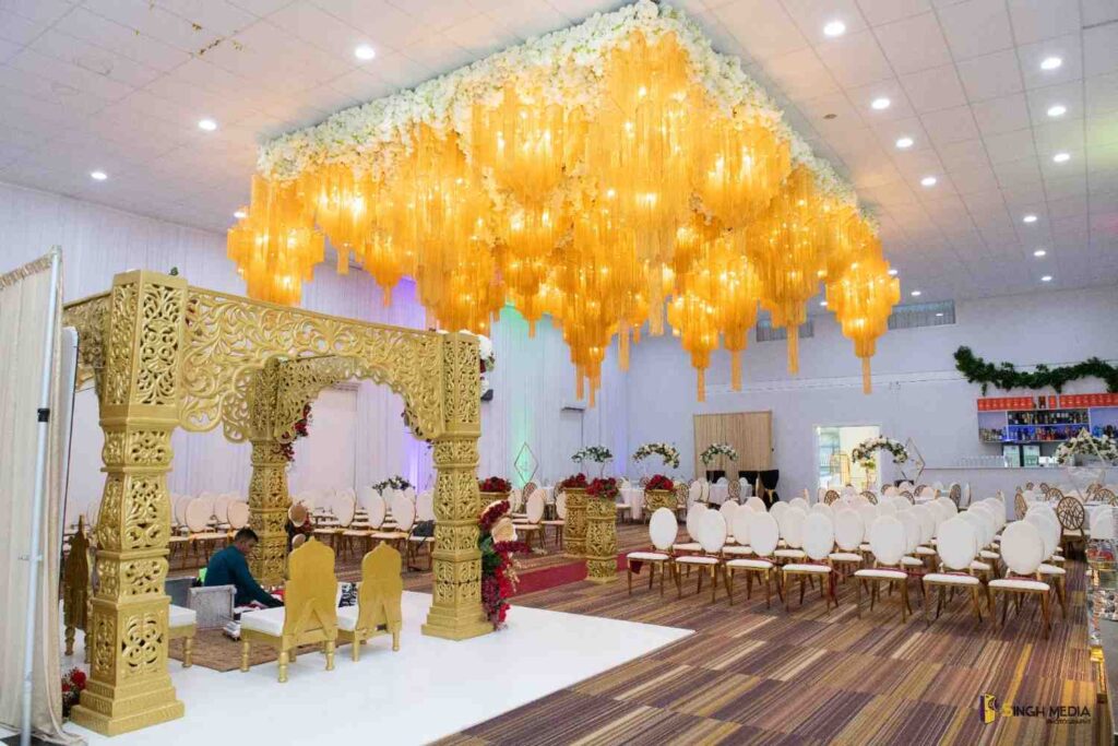 Mandap ceremony setup: Indian wedding venue Melbourne mandap ceremony Occasio by Singh Events ceremony setup grand ballroom Indian wedding Melbourne