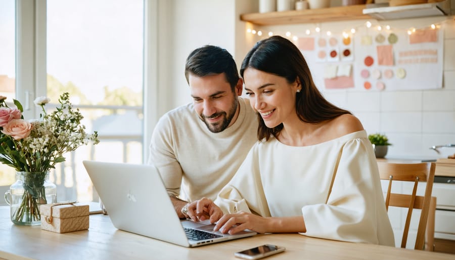 Budget tool: AI wedding planning Melbourne budget tool Melbourne couple reviewing AI wedding budget planner on laptop at home planning session