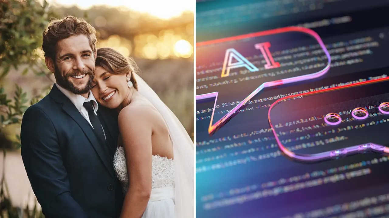 couple-ai Hero: AI wedding planning tools Melbourne 2026 — engaged Melbourne couple using laptop or phone for AI wedding planning with venue images on screen